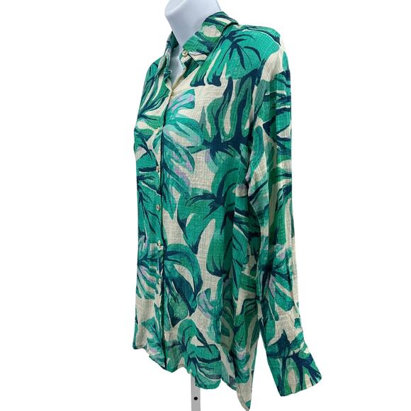 Blue Island Button Up Shirt Sz L Teal Tropical Leaf Hi Low Long Sleeve Cover Up - Picture 4 of 8